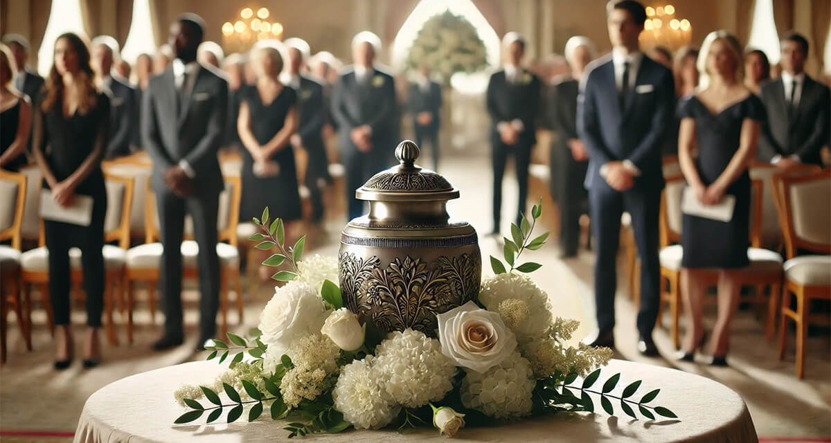 Elegant bronze urn with a white floral arrangement on a table with a white table cloth and friends and family in the background.