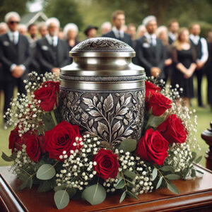 Elegant silver urn surrounded by red roses on a wooden platform with mourners in the background.